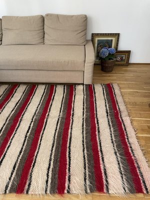 Romanian Wool Fluffy Rug With Stripes, Red Stripe Rugs Uk
