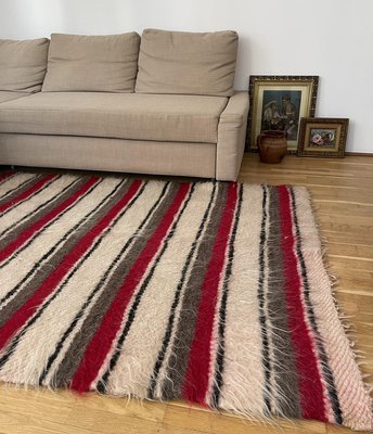 Romanian Wool Fluffy Rug With Stripes, Red Fluffy Rug