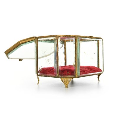 Boîte à Bijoux Ancienne - Laiton Et Verre Gravé, état TBE, Origine France