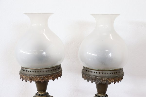 Tischlampe mit schönem Glasschirm alte Lampe Messing Bronze Keramik Leuchter