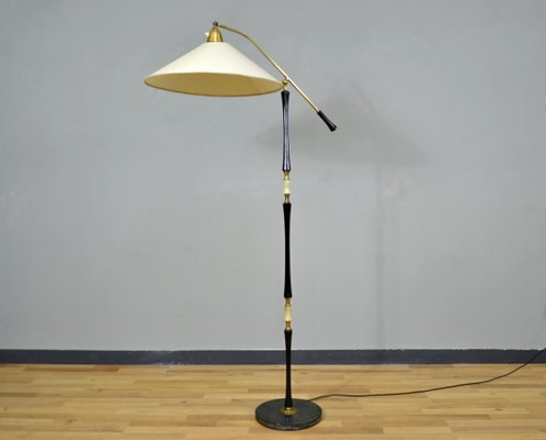 Italian Adjustable Floor Lamp In Wood, Brass Floor Lamp With Marble Table