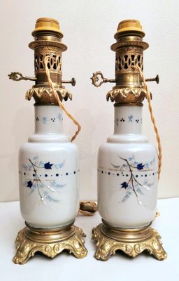 French Oil Lamps in Opaline Glass with Hand Painted Bronze