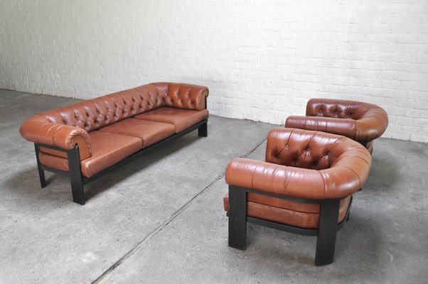 Mid Century Leather Sofa And Armchairs, Mid Century Leather Sofa