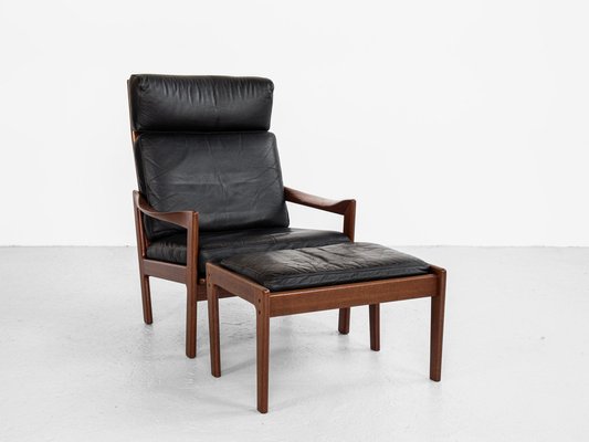 Mid Century Danish Lounge Chair and Ottoman in Teak and Leather by