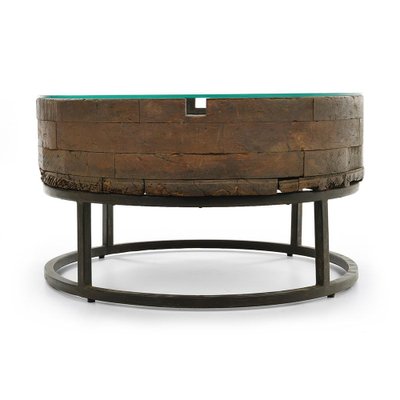 Wooden Coffee Table with Glass Top and Cast Iron Base for sale at