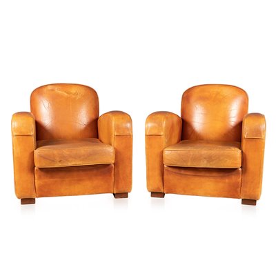 Art Deco Style Leather Club Chairs Set, Brown Leather Accent Chair Set Of 2