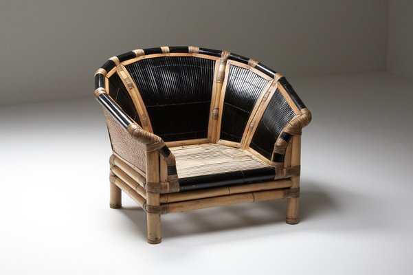 Black and Natural Bamboo and Cane Lounge Chairs Italy 1970s Set
