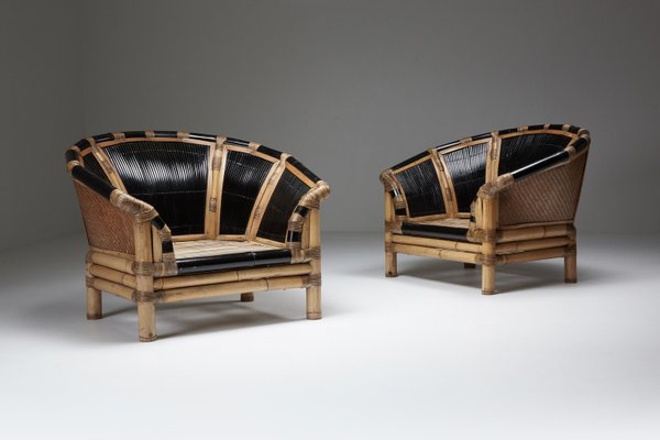 Black and Natural Bamboo and Cane Lounge Chairs Italy 1970s Set of 2