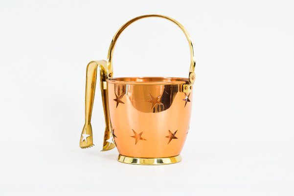 Ice Bucket with Ice Tongs in Copper and Brass and Internal Glass Cup, 1950s