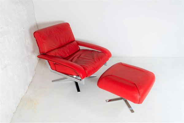 Mid Century Pieff Gamma Red Leather, Red Swivel Chair And Footstool