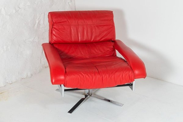 Mid Century Pieff Gamma Red Leather, Red Swivel Chair And Footstool