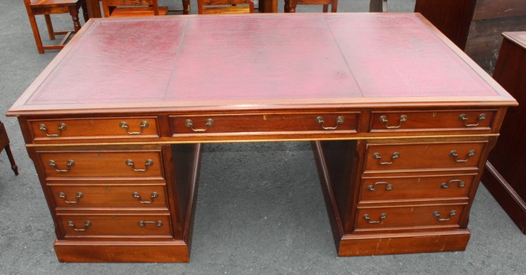 Mahogany Partners Desk With Red Leather, Leather Top Executive Desk