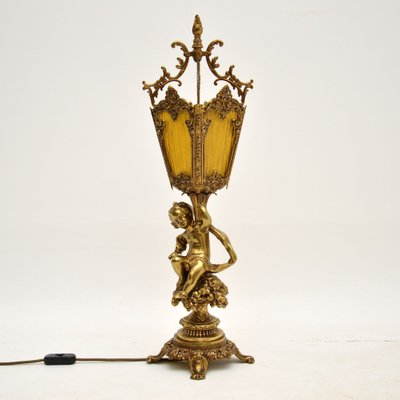 Antique French Gilt Metal And Glass, Cherub Table Lamp