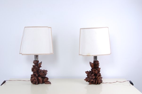 Carved Wooden Elements 1800s Set, Carved Two Tone Brown Table Lamp