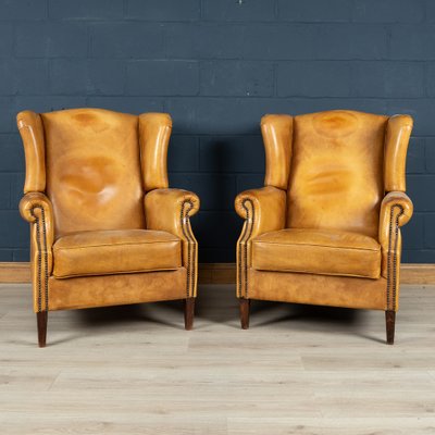 20th Century Dutch Sheepskin Leather, Brown Leather Accent Chair Set Of 2