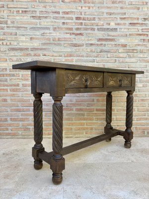 Spanish Carved Walnut Console Table, Black Turned Leg Console Table