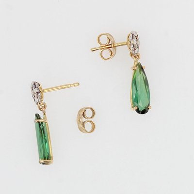 Hammered Golden Diamond Drops with Pale Green Tourmaline Drop Earrings