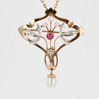 Art Nouveau Natural Pearl Diamond Ruby 