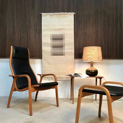 Swedish Leather Lamino Lounge Chair and Stool in Oak by Yngve Ekström for  Swedese, Set of 2