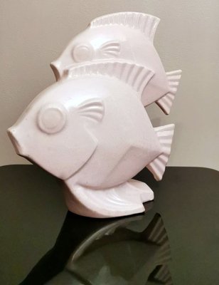 QIANLING Statuettes de Poissons en céramique Blanc et Or - Déco côtière et Moderne pour Salon, Salle à Manger, Salle de Bain, Bureau, Maison de Plage, Style Nautique, entrée et étagère