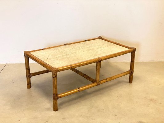 Coffee Table in Bamboo and Travertine 1970s for sale at Pamono