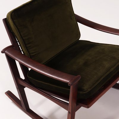 Mid Century Teak Spade Dark Green Rocking Chair by M Nissen for