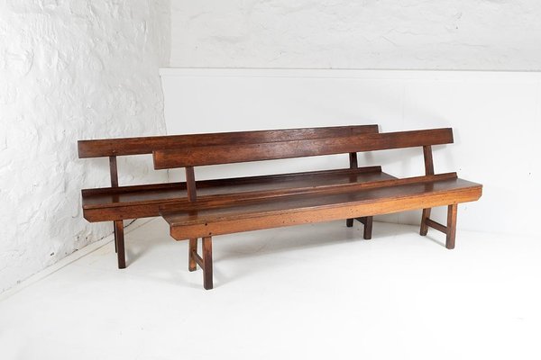 Antique English Oak Refectory Benches, Vintage Leather Bench With Back