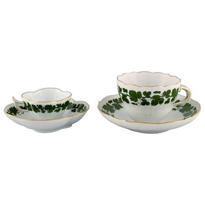 Grne Efeu Weinblatt Mokka Tasse und Teetasse mit Untertassen aus  handbemaltem Porzellan von Meissen, 4er Set bei Pamono kaufen