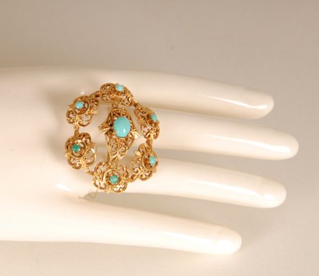 Broche Vintage Dorée Avec Perles Turquoises Et Blanc Nacré - État Superbe, Bijou Fantaisie Femme - Réf. 2786