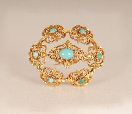 Broche Édouardienne Originale En Or Jaune 10 Carats Et Turquoises - 3 Pierres Naturelles, Vintage