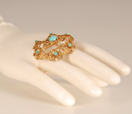 Broche Ancienne Dorée Rhodiée Avec Deux Véritables Turquoises - Bijou Vintage - Alliage