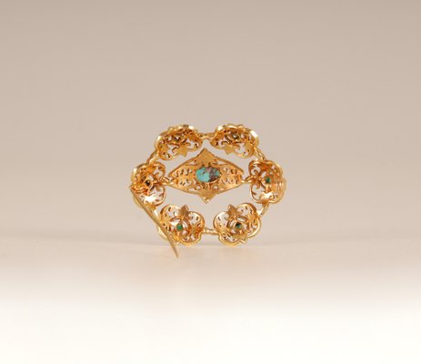 Broche Ancienne En Argent Massif Et Or Jaune - Sertie De Turquoise Et Marcassites