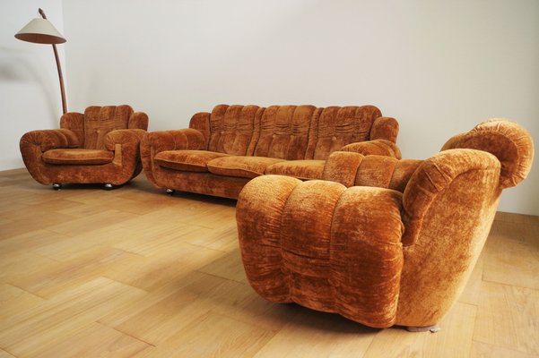 Velvet Lounge Chair and Sofa Set 1970s Set of 3 for sale at Pamono