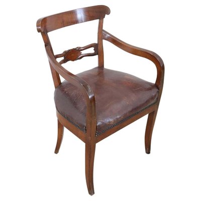 Antique Walnut Armchair With Leather Seat 1850s For At Pamono Antique Walnut Armchair With Leather, Antique Wooden Chair With Leather Seat