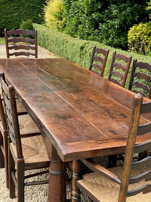 Large 18th Century Oak Refectory Dining, Farm Table And Chairs