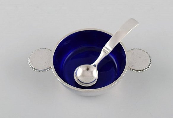 Evald Nielsen Salt Dish with Blue Enamel in Sterling Silver 