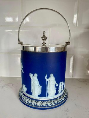 Antique biscuit jar blue glass with silver plate lid and handle