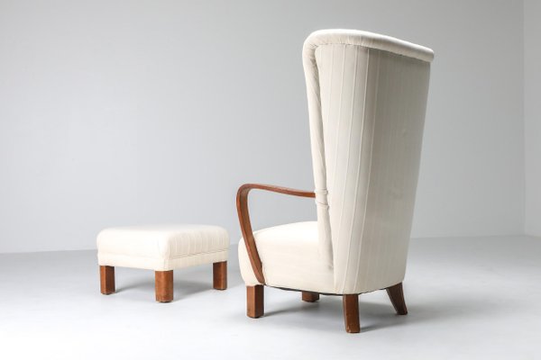 White Wingback Chair with Ottoman Set of 2 for sale at Pamono