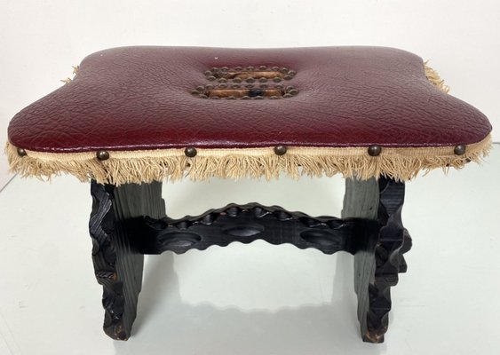 Spanish Renaissance Red Faux Leather, Faux Leather Footstool