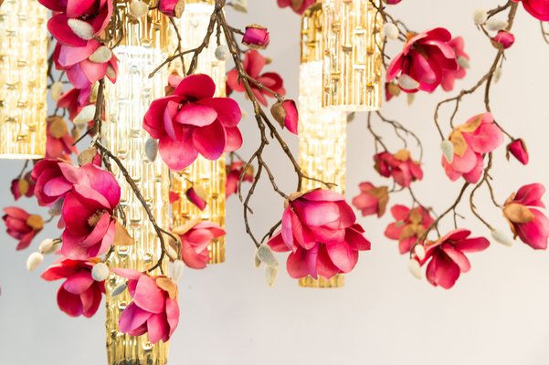 Large Flower Power Fuchsia Magnolia, Gold Chandelier With Pink Flowers