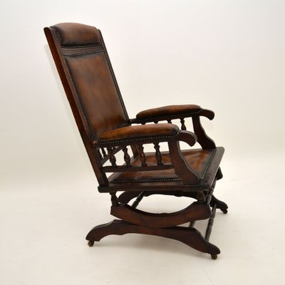 Antique Victorian Leather Rocking Chair, Antique Leather And Wood Rocking Chair