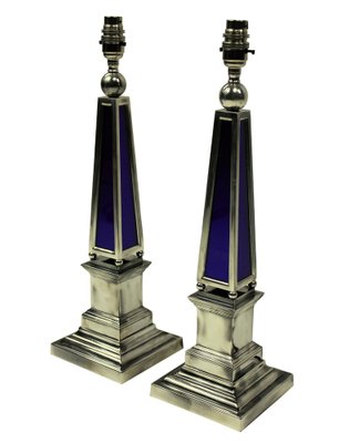 Blue Glass Obelisk Table Lamps, Silver Table Lamps Set Of 2