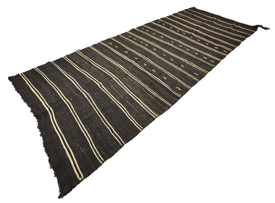 Narrow Turkish Minimalist Striped Black, Black And White Striped Kilim Rug