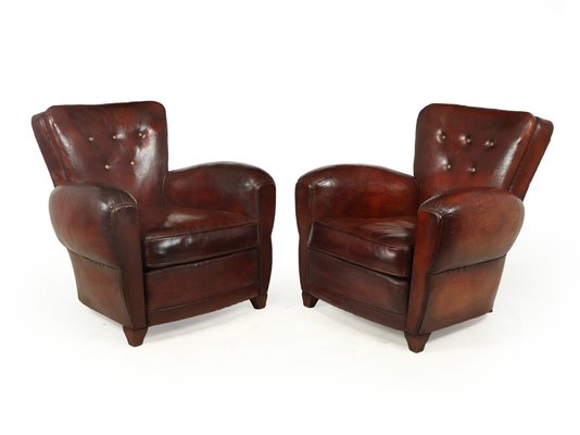 French Art Deco Leather Club Chairs, Leather Club Chair And Ottoman