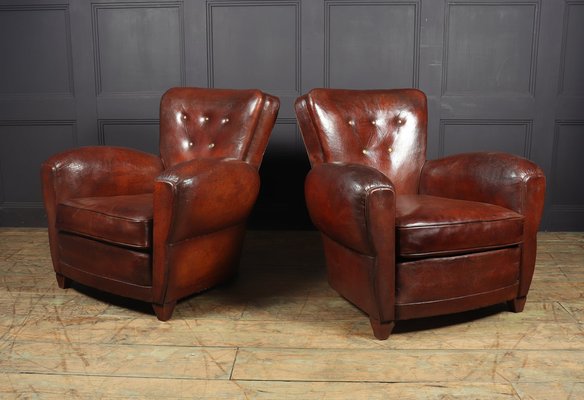 French Art Deco Leather Club Chairs, Distressed Leather Club Chair