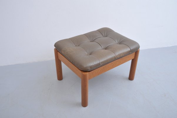 Footstool In Teak With Leather Cushion, Wooden Footstool With Cushion