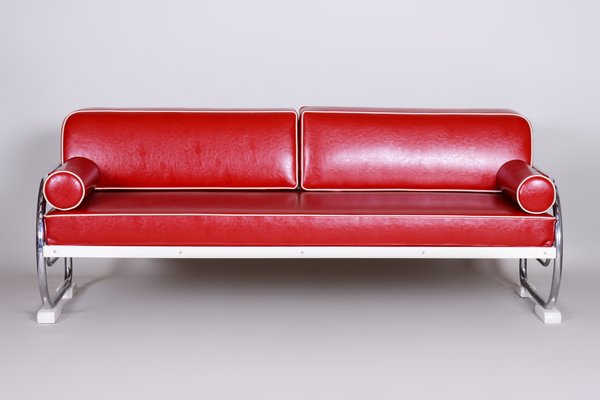Cherry Red Sofa In Leather And Chrome, Cherry Leather Sofa