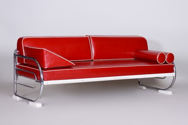 Cherry Red Sofa In Leather And Chrome, Cherry Red Leather Sofa