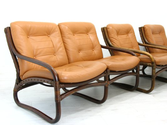 Italian Bamboo Rattan and Leather Living Room Set 1970s Set of