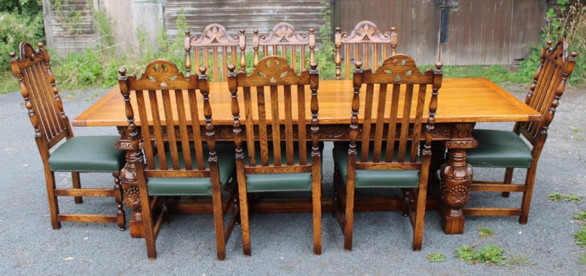 de refectorio de roble con 8 sillas de comedor, 60. Juego de 9 en venta en Pamono